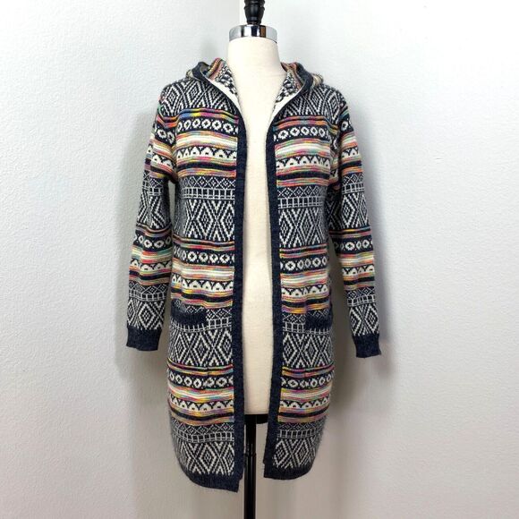 Monteau Long Open Cardigan XSmall Fair Isle Hooded Boho Cottage Hippie Preppy - Picture 1 of 11